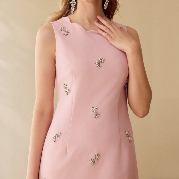 Pink Elegant Women's Rhinestone Detail Scallop Trim Dress - Picture 6 of 7
